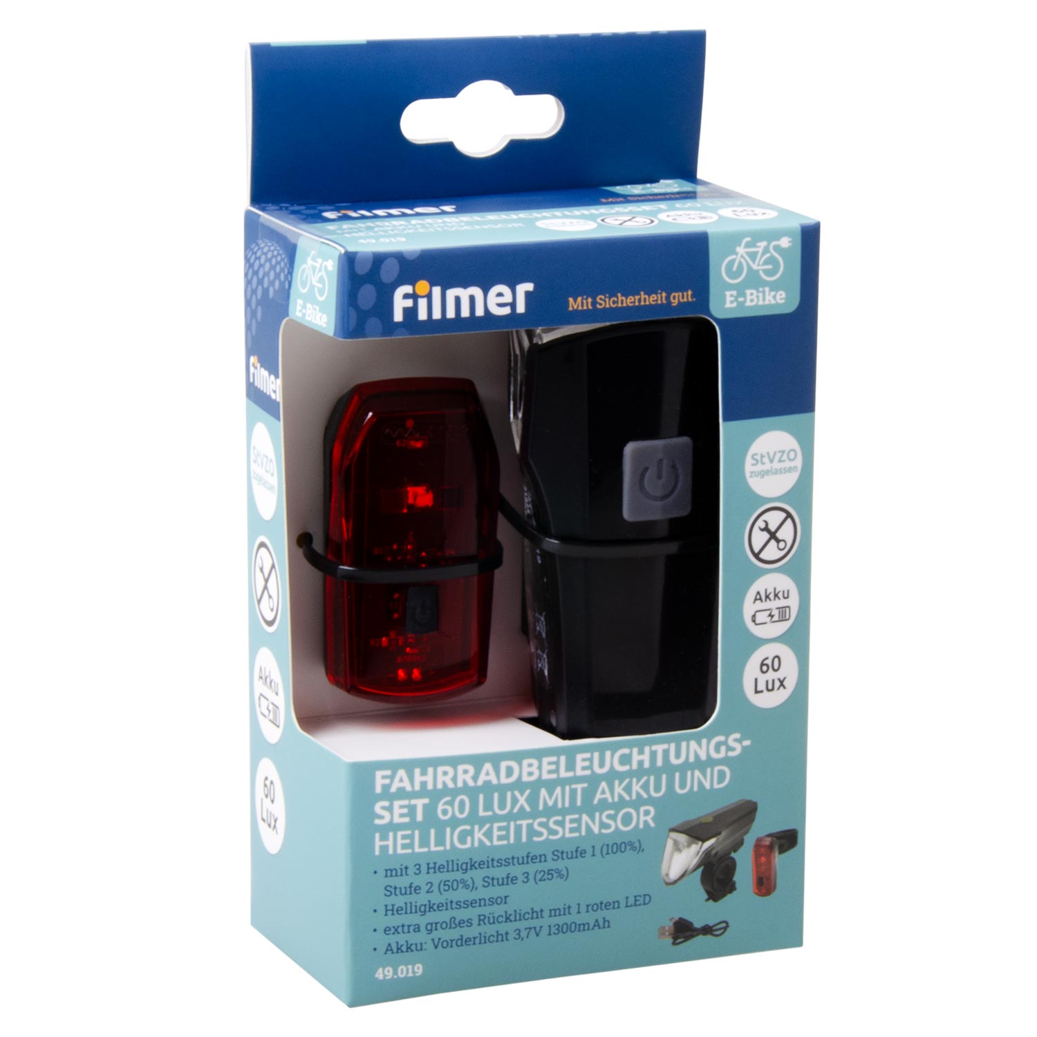 Fahrradbeleuchtungsset 60 Lux  m. Akku u. Helligkeitssensor