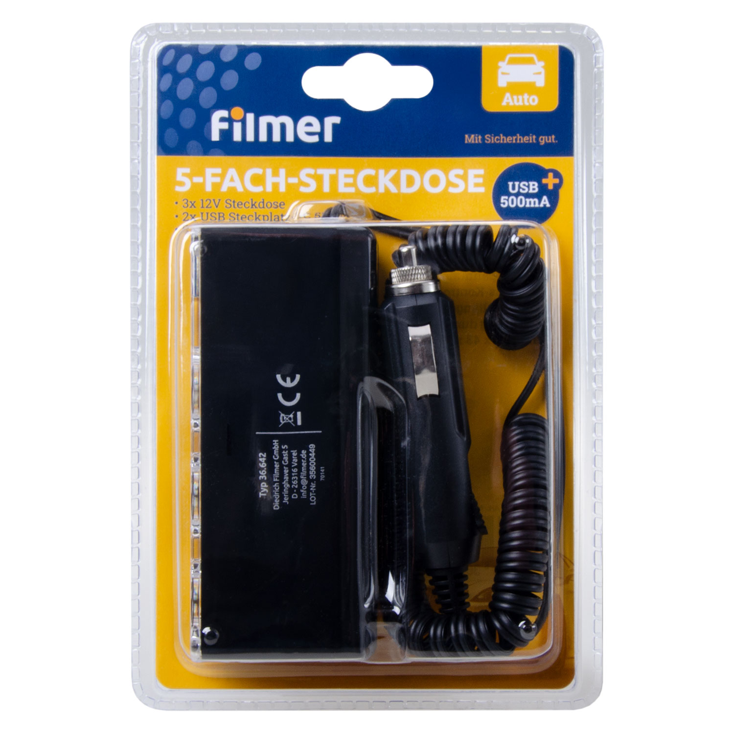 5-fach-Steckdose 12 V 2 x USB Steckplätze 5 V 500mA