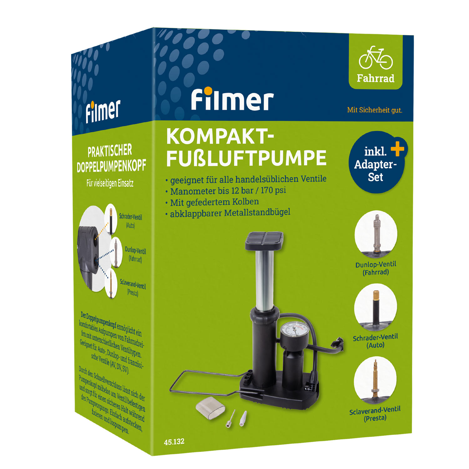 Kompakt-Fußluftpumpe alle Ventile